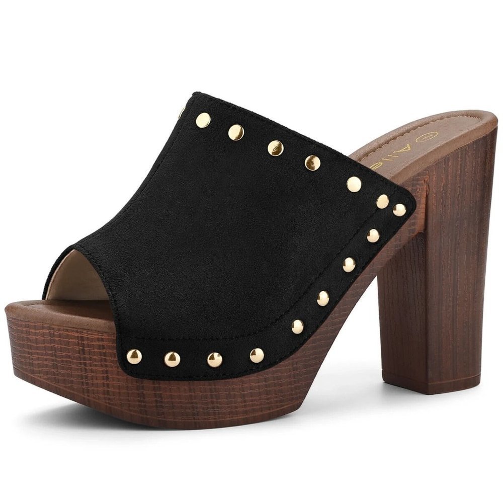 Allegra K open toe platform Block Heel slide shoe sandal black faux suede 8